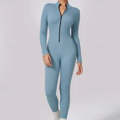 Women's Jumpsuit Workout Jumpsuit Onesie Zipper Solid Color Bodysuit Romper Silver Black Yoga Fitness Gym Workout Breathable Soft Long Sleeve Sport Activewear Micro-elastic Slim