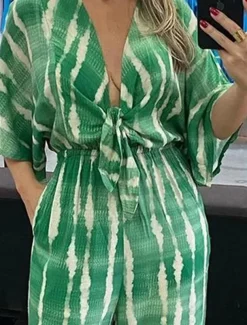 Women's Jumpsuits Casual Summer Lace up Pocket Striped V Neck Streetwear Street Daily Regular Fit 3/4 Length Sleeve Green Gray S M L