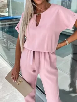 Women's Jumpsuits Casual Summer Lace up High Waist Solid Color Crew Neck Business Office Work Loose Fit Short Sleeve Black Pink Fuchsia S M L