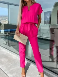Women's Jumpsuits Casual Summer Lace up High Waist Solid Color Crew Neck Business Office Work Loose Fit Short Sleeve Black Pink Fuchsia S M L