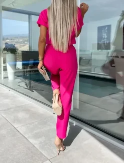 Women's Jumpsuits Casual Summer Lace up High Waist Solid Color Crew Neck Business Office Work Loose Fit Short Sleeve Black Pink Fuchsia S M L