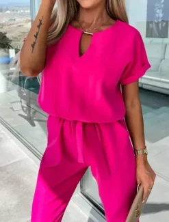 Women's Jumpsuits Casual Summer Lace up High Waist Solid Color Crew Neck Business Office Work Loose Fit Short Sleeve Black Pink Fuchsia S M L