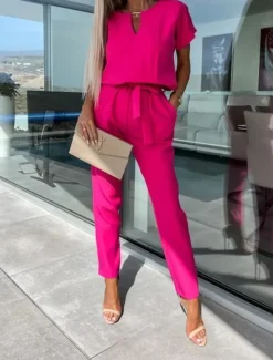 Women's Jumpsuits Casual Summer Lace up High Waist Solid Color Crew Neck Business Office Work Loose Fit Short Sleeve Black Pink Fuchsia S M L