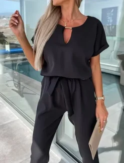 Women's Jumpsuits Casual Summer Lace up High Waist Solid Color Crew Neck Business Office Work Loose Fit Short Sleeve Black Pink Fuchsia S M L