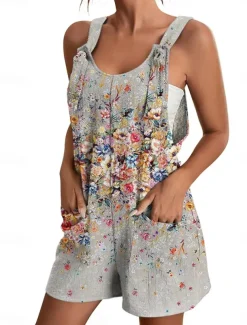 Womens Jumpsuits Casual Summer Overall Patch Pocket Print Floral Crew Neck Streetwear Daily Vacation Regular Fit Sleeveless Black White Yellow S M L