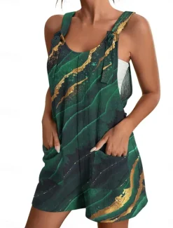 Womens Jumpsuits Casual Summer Overall Patch Pocket Print Floral Crew Neck Streetwear Daily Vacation Regular Fit Sleeveless Black White Yellow S M L