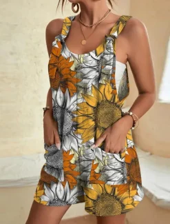 Womens Jumpsuits Casual Summer Overall Patch Pocket Print Floral Crew Neck Streetwear Daily Vacation Regular Fit Sleeveless Black White Yellow S M L