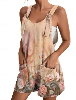 Womens Jumpsuits Casual Summer Overall Patch Pocket Print Floral Crew Neck Streetwear Daily Vacation Regular Fit Sleeveless Black White Yellow S M L