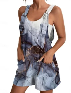 Womens Jumpsuits Casual Summer Overall Patch Pocket Print Floral Crew Neck Streetwear Daily Vacation Regular Fit Sleeveless Black White Yellow S M L