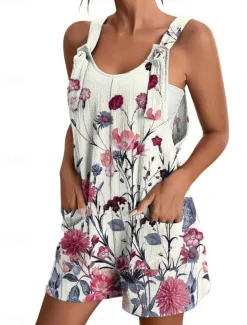 Womens Jumpsuits Casual Summer Overall Patch Pocket Print Floral Crew Neck Streetwear Daily Vacation Regular Fit Sleeveless Black White Yellow S M L