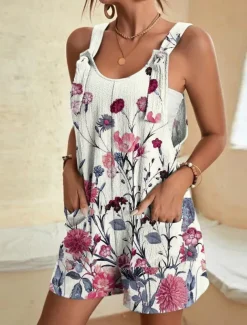 Womens Jumpsuits Casual Summer Overall Patch Pocket Print Floral Crew Neck Streetwear Daily Vacation Regular Fit Sleeveless Black White Yellow S M L