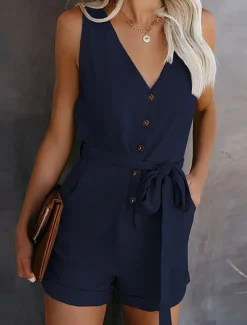 Women's Jumpsuits Patch Pocket Casual Summer Romper Solid Color Basic Holiday Daily Wear Regular Fit Sleeveless Wine Blue White S M L Spring