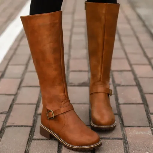 Women's Knee High Riding Boots with Side Zipper and Buckle – Classic Faux Leather Fall Winter Boots for Daily Wear, Commuting, and Outdoor Outfits