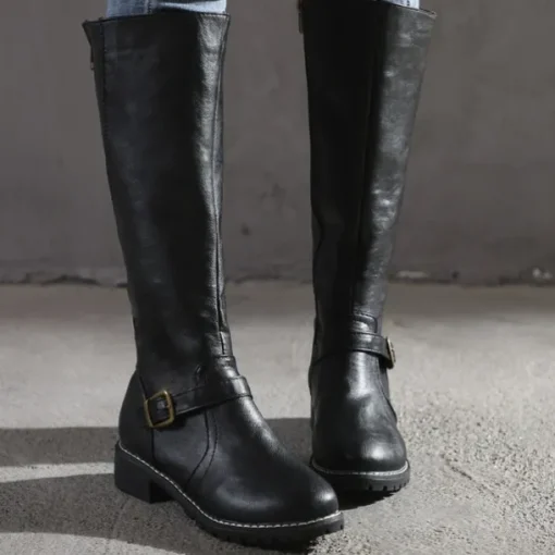 Women's Knee High Riding Boots with Side Zipper and Buckle – Classic Faux Leather Fall Winter Boots for Daily Wear, Commuting, and Outdoor Outfits