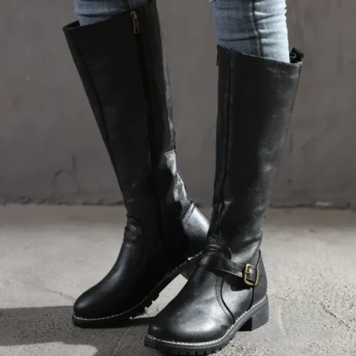 Women's Knee High Riding Boots with Side Zipper and Buckle – Classic Faux Leather Fall Winter Boots for Daily Wear, Commuting, and Outdoor Outfits