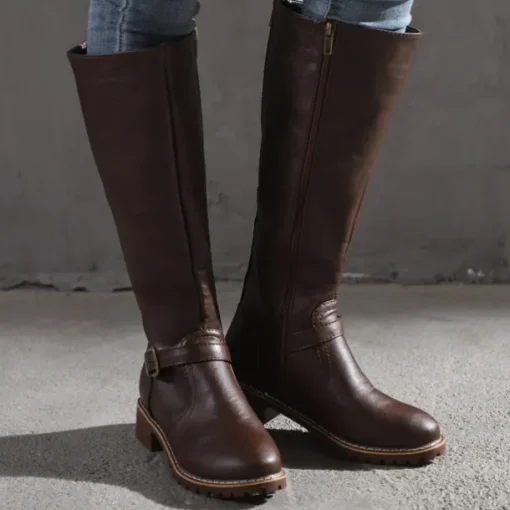 Women's Knee High Riding Boots with Side Zipper and Buckle – Classic Faux Leather Fall Winter Boots for Daily Wear, Commuting, and Outdoor Outfits