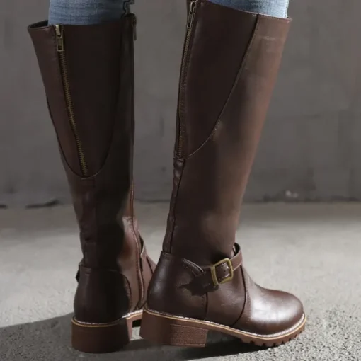 Women's Knee High Riding Boots with Side Zipper and Buckle – Classic Faux Leather Fall Winter Boots for Daily Wear, Commuting, and Outdoor Outfits