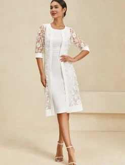 Women's Knee Length Dress White Dress Elegant Formal Party Regular Fit Half Sleeve Crew Neck White Summer