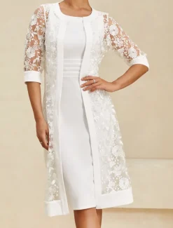 Women's Knee Length Dress White Dress Elegant Formal Party Regular Fit Half Sleeve Crew Neck White Summer