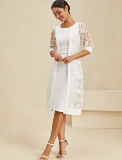 Women's Knee Length Dress White Dress Elegant Formal Party Regular Fit Half Sleeve Crew Neck White Summer