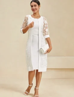 Women's Knee Length Dress White Dress Elegant Formal Party Regular Fit Half Sleeve Crew Neck White Summer