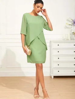 Women's Knee Length Dress Chiffon Dress Elegant Formal Wedding Guest Cocktail Party Loose Fit 3/4 Length Sleeve Crew Neck Green Summer Spring