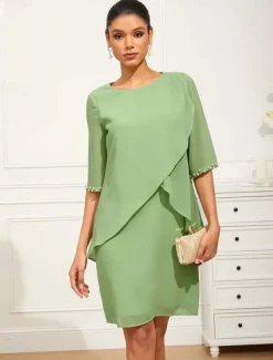Women's Knee Length Dress Chiffon Dress Elegant Formal Wedding Guest Cocktail Party Loose Fit 3/4 Length Sleeve Crew Neck Green Summer Spring