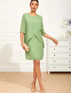 Women's Knee Length Dress Chiffon Dress Elegant Formal Wedding Guest Cocktail Party Loose Fit 3/4 Length Sleeve Crew Neck Green Summer Spring