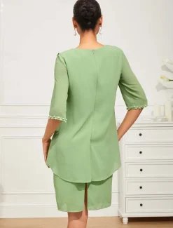 Women's Knee Length Dress Chiffon Dress Elegant Formal Wedding Guest Cocktail Party Loose Fit 3/4 Length Sleeve Crew Neck Green Summer Spring