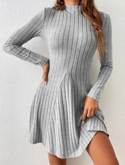 Women's Knit Dress Mini Dress Ribbed Date Streetwear Basic Stand Collar Long Sleeve Gray Color