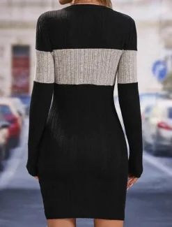 Women's Knit Dress Mini Dress Patchwork Ribbed Casual Formal Crew Neck Long Sleeve Black Color