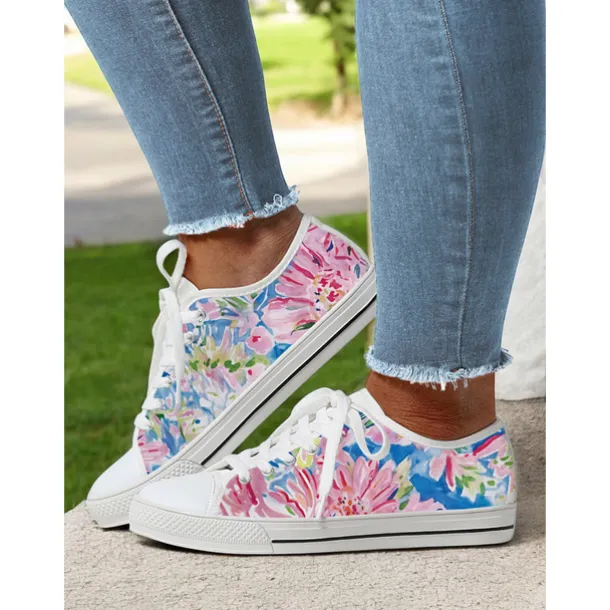 Women's Lace - Up Canvas Sneakers with Floral Print – Casual & Youthful Style for Teenagers and Young Women in School, Street Outings & Casual Gatherings