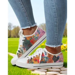 Women's Lace - Up Canvas Sneakers with Floral Print – Casual & Youthful Style for Teenagers and Young Women in School, Street Outings & Casual Gatherings