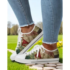 Women's Lace - Up Canvas Sneakers with Floral Print – Casual & Youthful Style for Teenagers and Young Women in School, Street Outings & Casual Gatherings
