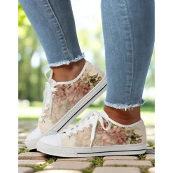 Women's Lace - Up Canvas Sneakers with Floral Print – Casual & Youthful Style for Teenagers and Young Women in School, Street Outings & Casual Gatherings