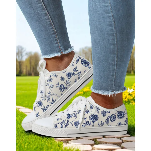Women's Lace - Up Canvas Sneakers with Floral Print – Casual & Youthful Style for Teenagers and Young Women in School, Street Outings & Casual Gatherings