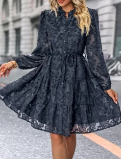 Women's Lace Dress Mini Dress Belted Formal Stand Collar Long Sleeve Black Wine Navy Blue Color