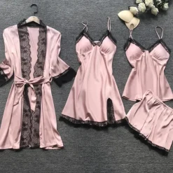 Women's Lace Satin Silk Pajamas Sets 4 Pcs Home Party Daily Elastic Waist Pure Color Satin Simple Casual Soft Strap Top Shorts Fall Winter Spring Strap Short Sleeves Long Sleeve Home Outfits