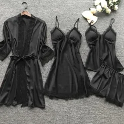 Women's Lace Satin Silk Pajamas Sets 4 Pcs Home Party Daily Elastic Waist Pure Color Satin Simple Casual Soft Strap Top Shorts Fall Winter Spring Strap Short Sleeves Long Sleeve Home Outfits