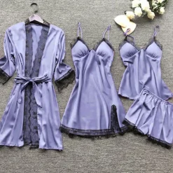 Women's Lace Satin Silk Pajamas Sets 4 Pcs Home Party Daily Elastic Waist Pure Color Satin Simple Casual Soft Strap Top Shorts Fall Winter Spring Strap Short Sleeves Long Sleeve Home Outfits