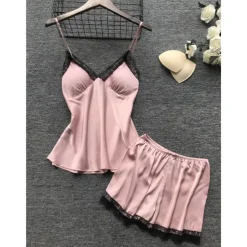 Women's Lace Satin Silk Pajamas Sets 4 Pcs Home Party Daily Elastic Waist Pure Color Satin Simple Casual Soft Strap Top Shorts Fall Winter Spring Strap Short Sleeves Long Sleeve Home Outfits