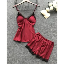 Women's Lace Satin Silk Pajamas Sets 4 Pcs Home Party Daily Elastic Waist Pure Color Satin Simple Casual Soft Strap Top Shorts Fall Winter Spring Strap Short Sleeves Long Sleeve Home Outfits