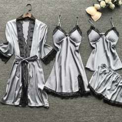 Women's Lace Satin Silk Pajamas Sets 4 Pcs Home Party Daily Elastic Waist Pure Color Satin Simple Casual Soft Strap Top Shorts Fall Winter Spring Strap Short Sleeves Long Sleeve Home Outfits