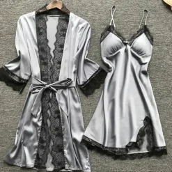 Women's Lace Satin Silk Pajamas Sets 4 Pcs Home Party Daily Elastic Waist Pure Color Satin Simple Casual Soft Strap Top Shorts Fall Winter Spring Strap Short Sleeves Long Sleeve Home Outfits
