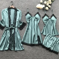 Women's Lace Satin Silk Pajamas Sets 4 Pcs Home Party Daily Elastic Waist Pure Color Satin Simple Casual Soft Strap Top Shorts Fall Winter Spring Strap Short Sleeves Long Sleeve Home Outfits