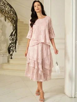 Women's Lace Shirt Blouse Dressy Tops Chiffon Tops Solid Color Elegant Stylish Basic 3/4 Length Sleeve Bell Sleeve Boat Neck Regular Tops Wedding Guest Work Daily Asymmetric Hem Pink Summer Spring