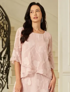 Women's Lace Shirt Blouse Dressy Tops Chiffon Tops Solid Color Elegant Stylish Basic 3/4 Length Sleeve Bell Sleeve Boat Neck Regular Tops Wedding Guest Work Daily Asymmetric Hem Pink Summer Spring