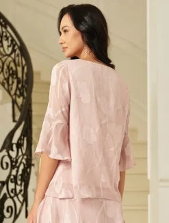 Women's Lace Shirt Blouse Dressy Tops Chiffon Tops Solid Color Elegant Stylish Basic 3/4 Length Sleeve Bell Sleeve Boat Neck Regular Tops Wedding Guest Work Daily Asymmetric Hem Pink Summer Spring