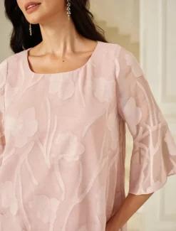 Women's Lace Shirt Blouse Dressy Tops Chiffon Tops Solid Color Elegant Stylish Basic 3/4 Length Sleeve Bell Sleeve Boat Neck Regular Tops Wedding Guest Work Daily Asymmetric Hem Pink Summer Spring