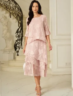 Women's Lace Shirt Blouse Dressy Tops Chiffon Tops Solid Color Elegant Stylish Basic 3/4 Length Sleeve Bell Sleeve Boat Neck Regular Tops Wedding Guest Work Daily Asymmetric Hem Pink Summer Spring